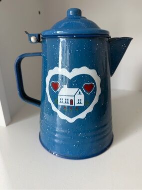 Vintage Speckled Enamelware Blue with White Heart and House